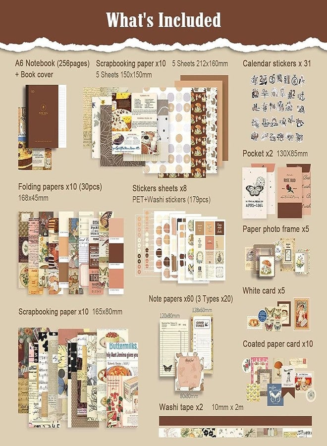 MGNLR Paper Vintage Aesthetic Scrapbook Kit(346Pcs) Scrapbooking Supplies Kit with Bullet Junk Journal,Stationery,A6 Grid Notebook Journaling Gift for Girl (Brown Vintage Scrapbook) - Image 2