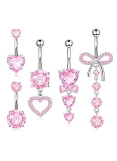 Excefore 5PCS Pink Belly Button Ring Pack for Women, Dangle Belly Button Rings with Heart, Flower, Butterfly, Bow Elements, 14g Stainless Steel Jewelry  - Image 1