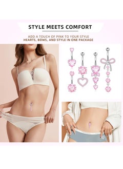 Excefore 5PCS Pink Belly Button Ring Pack for Women, Dangle Belly Button Rings with Heart, Flower, Butterfly, Bow Elements, 14g Stainless Steel Jewelry  - Image 5