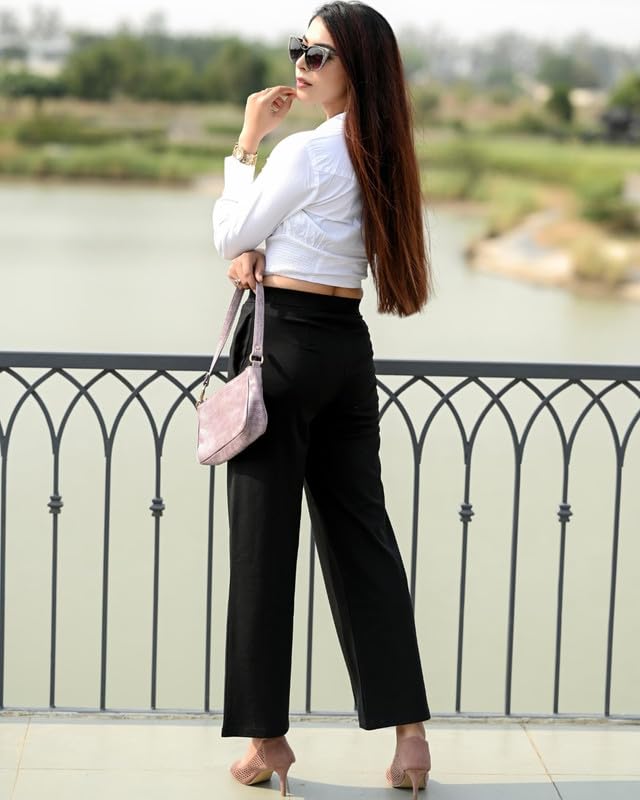 Mlada Store Mlada Mid Waist Wide Leg Flared Pants Elastic Waist Band for Women Office Work Formal Wear Stretch Cotton Knit Flare Pants Utility Pockets Extra Flare Pants Trousers for Travel Black - Image 5