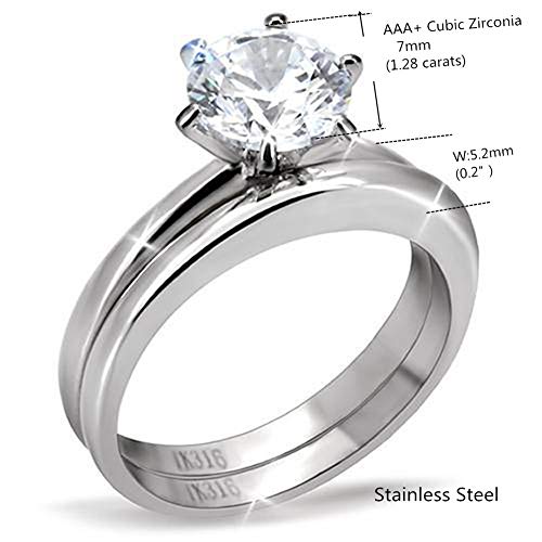 MABELLA His Hers Stainless Steel Men's Band Women Cubic Zirconia Round Cut Wedding Engagement Ring Set,Women's Size 8 Men's Size 10 - Image 3