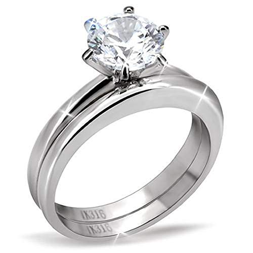 MABELLA His Hers Stainless Steel Men's Band Women Cubic Zirconia Round Cut Wedding Engagement Ring Set,Women's Size 8 Men's Size 10 - Image 2