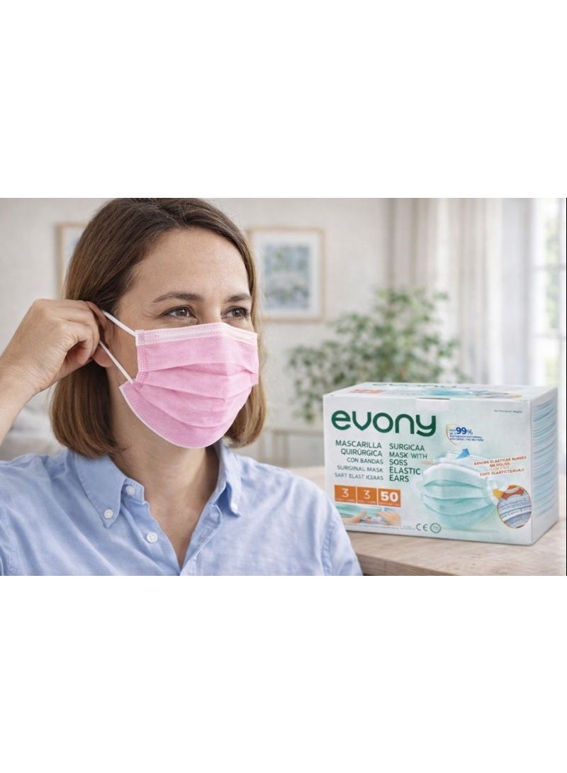 إيفوني كمامة طبية 3 طبقات لون وردي – علبة 50 قطعة بحلقات أذن مرنة. - Image 3