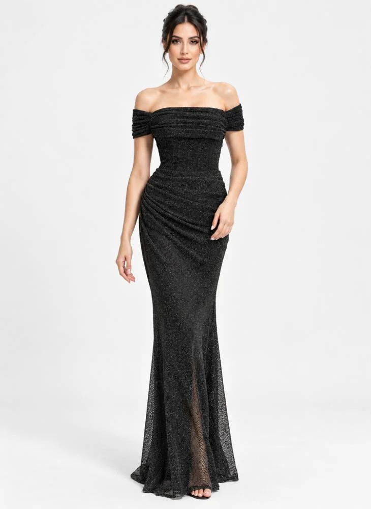 Opera Fashion Black Stretch Mesh Mermaid Evening Dress with Silver Shimmer