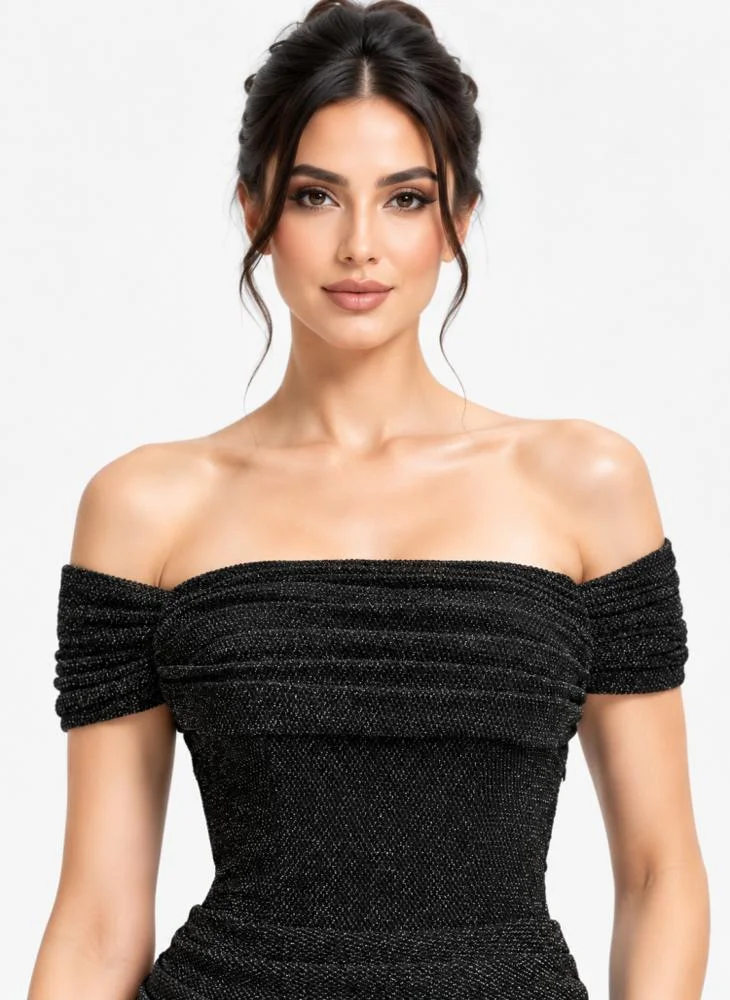 Opera Fashion Black Stretch Mesh Mermaid Evening Dress with Silver Shimmer