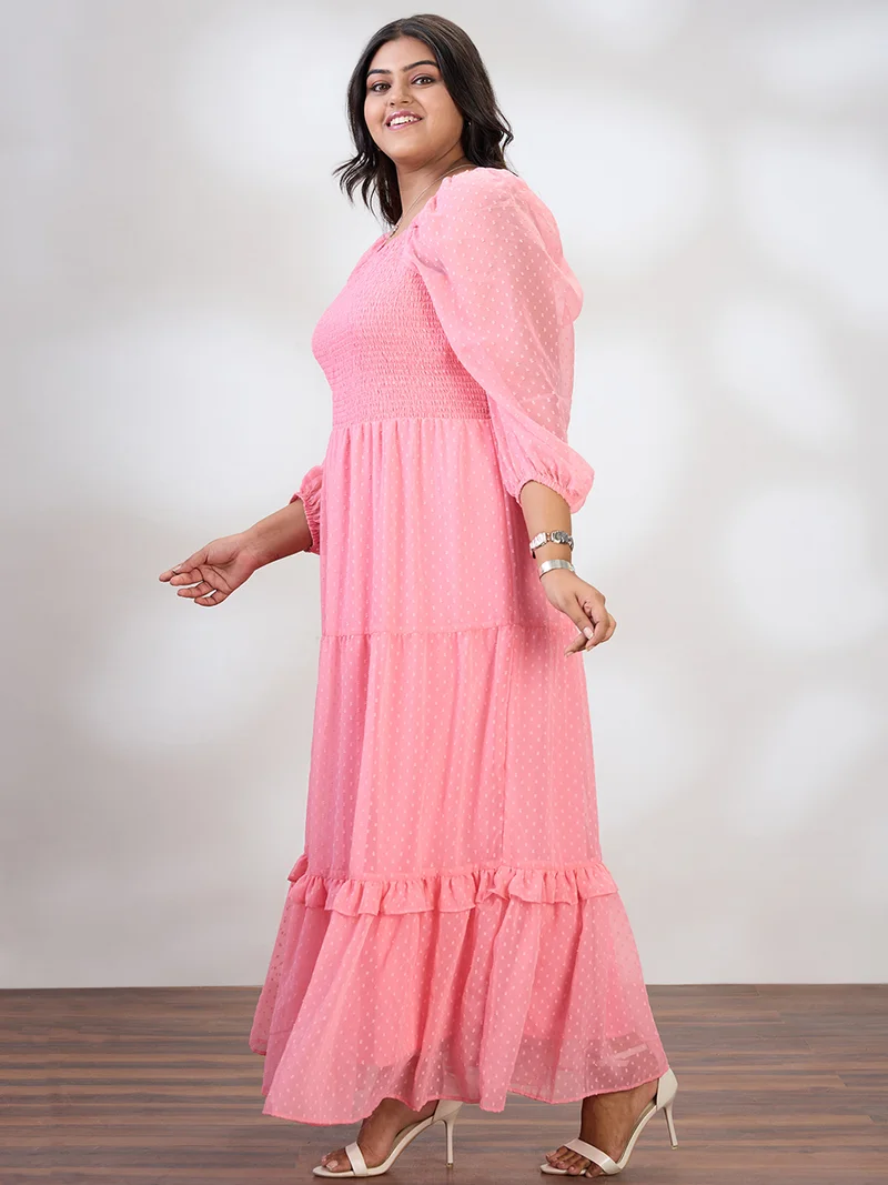 globus Globus Gloplus Women Pink Square Neck Raglan Sleeves Self Design Smocked Tiered Plus Size Fit & Flare Maxi Dress