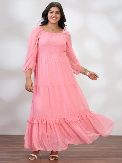 globus Globus Gloplus Women Pink Square Neck Raglan Sleeves Self Design Smocked Tiered Plus Size Fit & Flare Maxi Dress