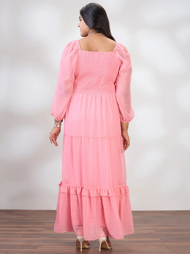 globus Globus Gloplus Women Pink Square Neck Raglan Sleeves Self Design Smocked Tiered Plus Size Fit & Flare Maxi Dress
