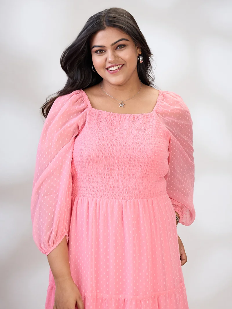 globus Globus Gloplus Women Pink Square Neck Raglan Sleeves Self Design Smocked Tiered Plus Size Fit & Flare Maxi Dress