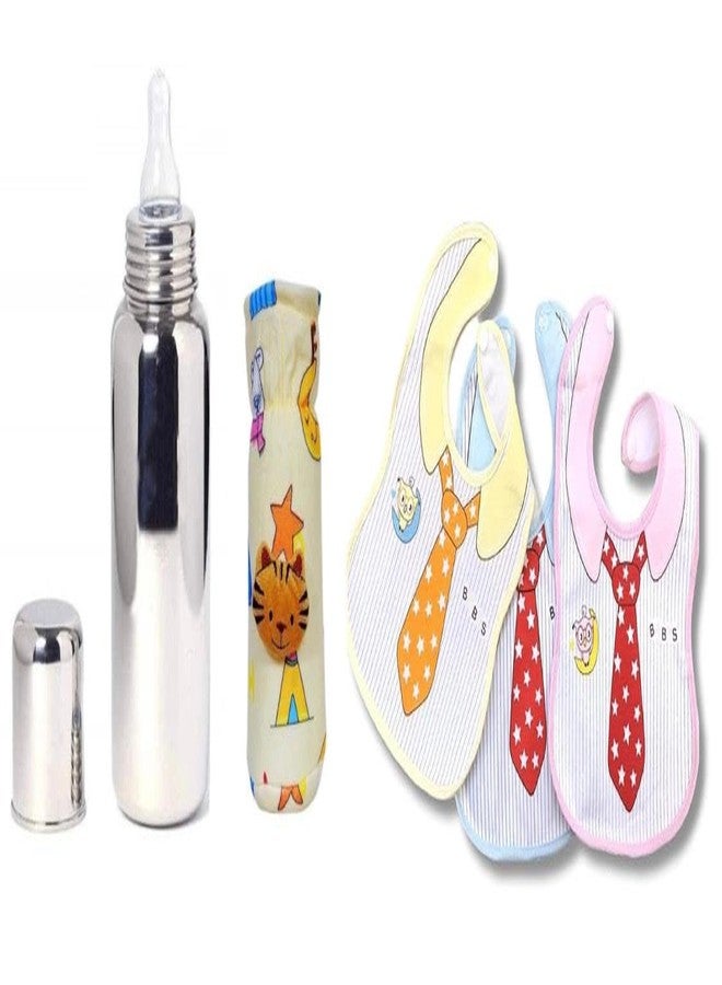 KIDS BASIC Stainless Steel Baby Feeding Bottle 240 ML with Velvet Bottle Cover and 3 Pcs of Button Bibs (3, Tie Bibs-1 Printed Yellow) - Image 1