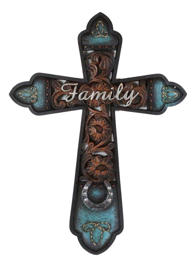 Ebros Gift Rustic Southwest 'Family' Tuscan Fleur De Lis Emblems Turquoise Floral Scrollwork And Horseshoe Wall Cross Decor Plaque French Royalty Accent Christian Decorative Crosses - Image 1