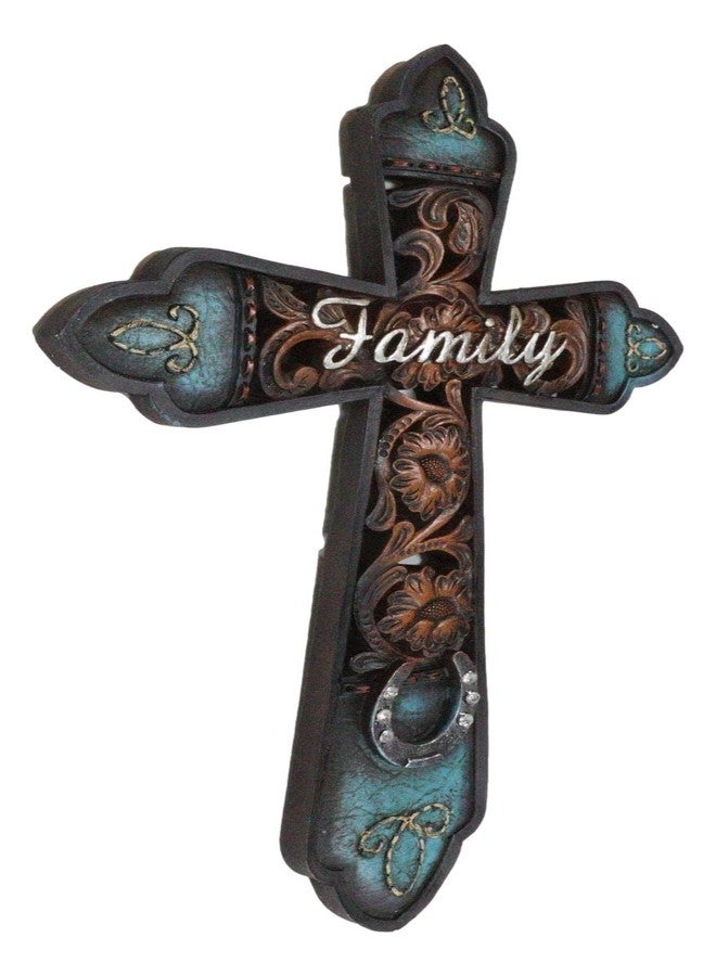 Ebros Gift Rustic Southwest 'Family' Tuscan Fleur De Lis Emblems Turquoise Floral Scrollwork And Horseshoe Wall Cross Decor Plaque French Royalty Accent Christian Decorative Crosses - Image 4