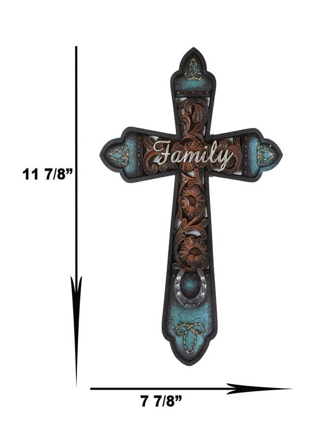 Ebros Gift Rustic Southwest 'Family' Tuscan Fleur De Lis Emblems Turquoise Floral Scrollwork And Horseshoe Wall Cross Decor Plaque French Royalty Accent Christian Decorative Crosses - Image 3