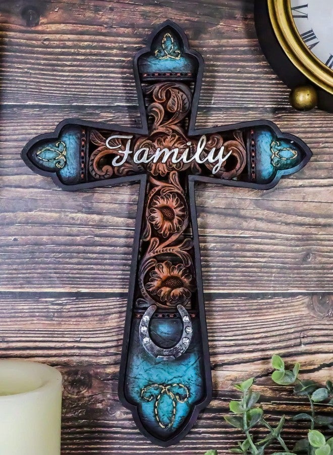 Ebros Gift Rustic Southwest 'Family' Tuscan Fleur De Lis Emblems Turquoise Floral Scrollwork And Horseshoe Wall Cross Decor Plaque French Royalty Accent Christian Decorative Crosses - Image 2