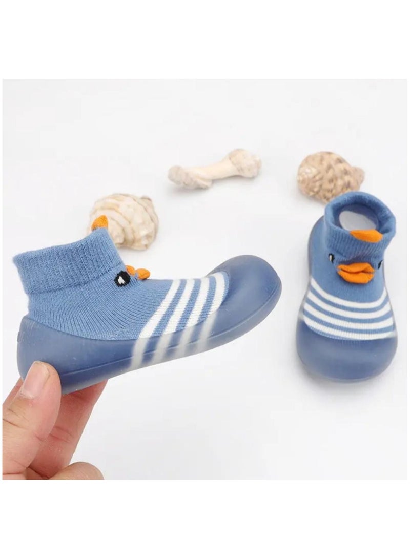 Baby Duck Non-Slip Sock Shoes, Yellow/Blue/Pink Striped Soft Sole, First Walking Shoes (Blue 18-24 Months)  - Image 2