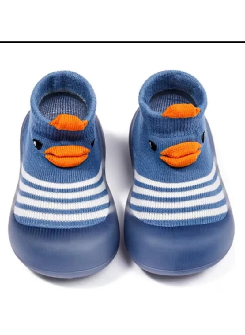 Baby Duck Non-Slip Sock Shoes, Yellow/Blue/Pink Striped Soft Sole, First Walking Shoes (Blue 18-24 Months)  - Image 1