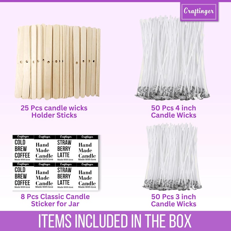 Craftinger طقم صنع الشموع مع مجموعة فتائل | 50 × 4 + 50 × 3 فتائل قطنية، 25 حامل فتائل وملصقات جرة مجانية | طقم صنع الشموع بنفسك | طقم الشموع المنزلية والهدايا للمبتدئين للبالغين - Image 2