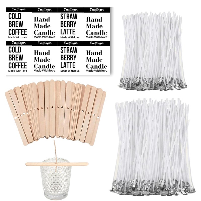 Craftinger طقم صنع الشموع مع مجموعة فتائل | 50 × 4 + 50 × 3 فتائل قطنية، 25 حامل فتائل وملصقات جرة مجانية | طقم صنع الشموع بنفسك | طقم الشموع المنزلية والهدايا للمبتدئين للبالغين - Image 1