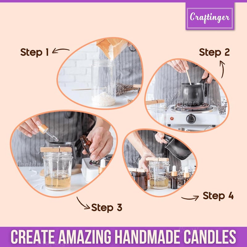 Craftinger طقم صنع الشموع مع مجموعة فتائل | 50 × 4 + 50 × 3 فتائل قطنية، 25 حامل فتائل وملصقات جرة مجانية | طقم صنع الشموع بنفسك | طقم الشموع المنزلية والهدايا للمبتدئين للبالغين - Image 3