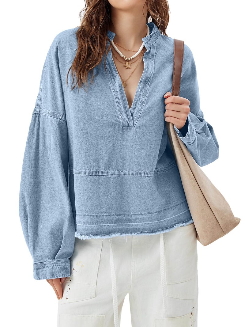 PLNOTME Womens Denim Tops Pullover Trendy Casual V Neck Loose Fit Puff Sleeve Jean Cotton Shirts - Image 2