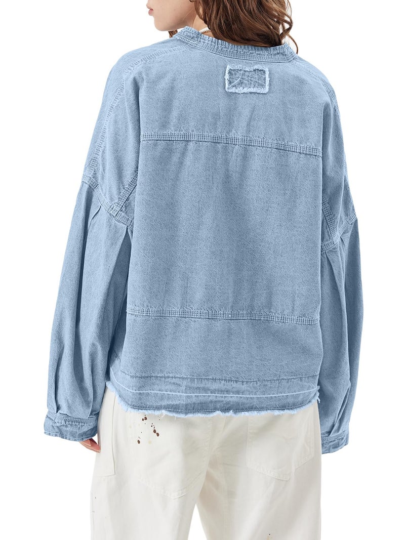 PLNOTME Womens Denim Tops Pullover Trendy Casual V Neck Loose Fit Puff Sleeve Jean Cotton Shirts - Image 3