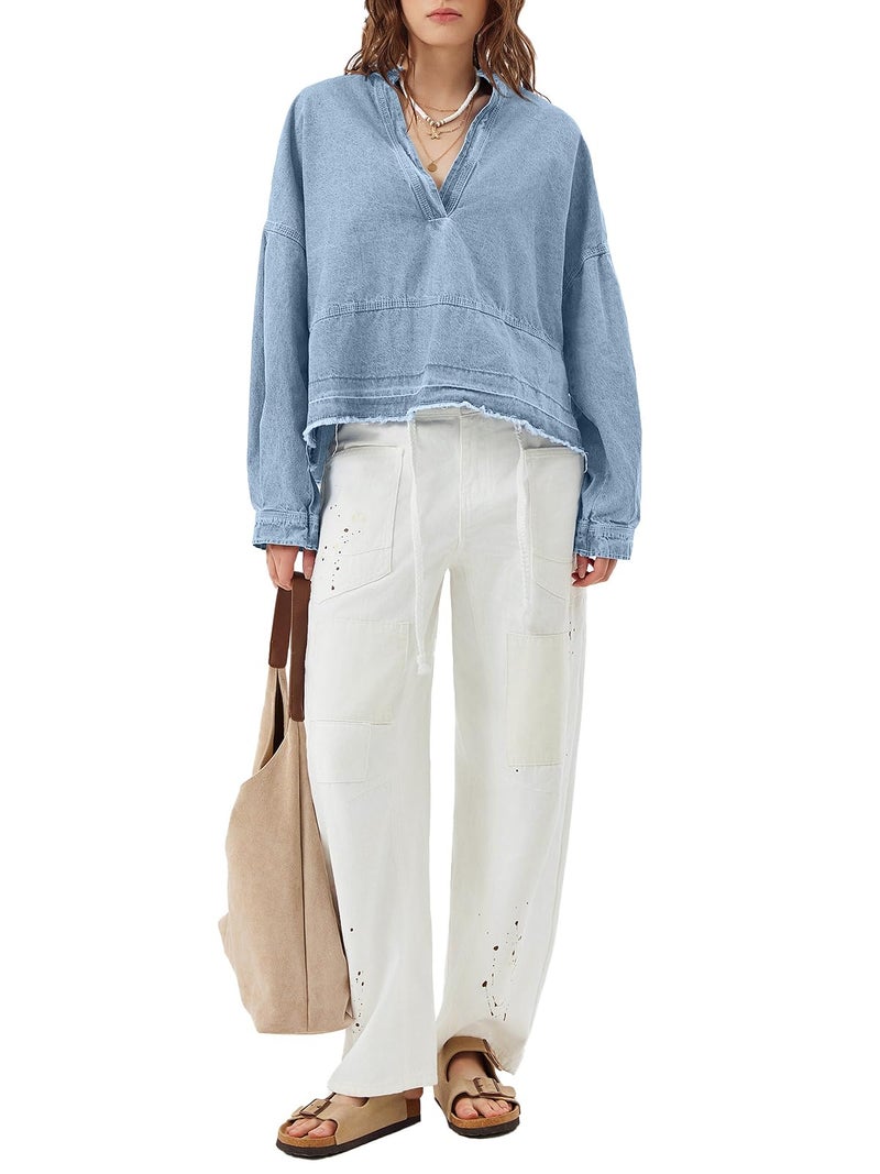 PLNOTME Womens Denim Tops Pullover Trendy Casual V Neck Loose Fit Puff Sleeve Jean Cotton Shirts - Image 5