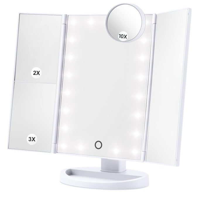 LIGHTED VANITY MAKEUP MIRROR BEAUTY MIRROR WITH TOUCH SCREEN 21 LED LIGHTS DUAL POWER SUPPLY 180 DEGREE ROTATION 1 X 2X 3X MAGNIFYING FOLDABLE COUNTERTOP COSMETIC MIRROR