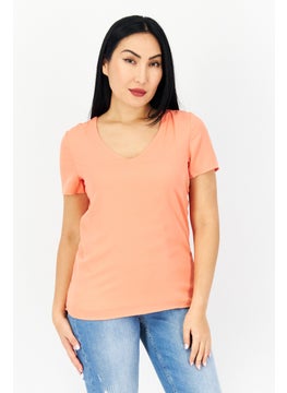 Zero Women V-Neck Short Sleeves Plain Blouse, Orange  - Image 1