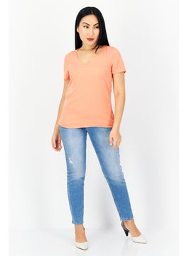 Zero Women V-Neck Short Sleeves Plain Blouse, Orange  - Image 3