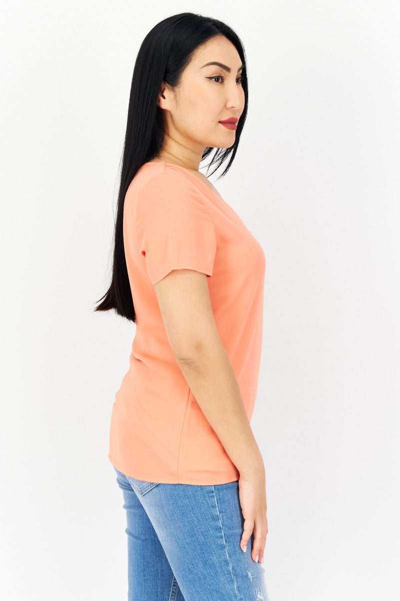 Zero Women V-Neck Short Sleeves Plain Blouse, Orange - Image 2