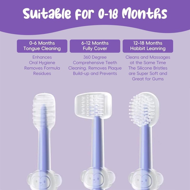 CARTSHOPPER 3 Steps Silicone Baby Training Toothbrush Set - Tongue Cleaner & U Shaped Toothbrush for Kids Oral Care With Travel Case (Purple), Manual, Pack of 3 - Image 3