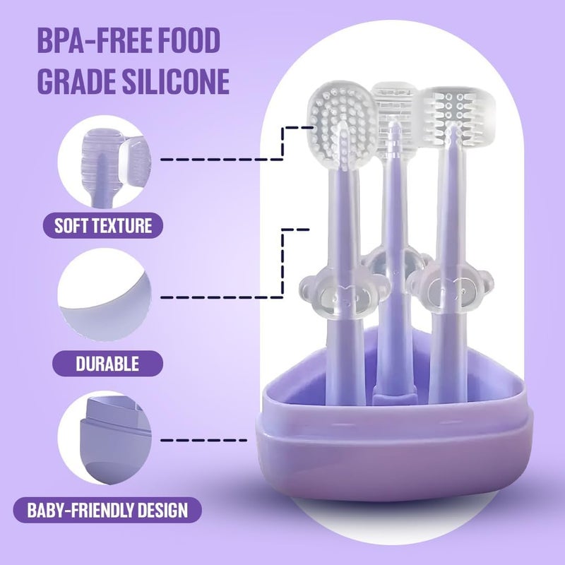 CARTSHOPPER 3 Steps Silicone Baby Training Toothbrush Set - Tongue Cleaner & U Shaped Toothbrush for Kids Oral Care With Travel Case (Purple), Manual, Pack of 3 - Image 5