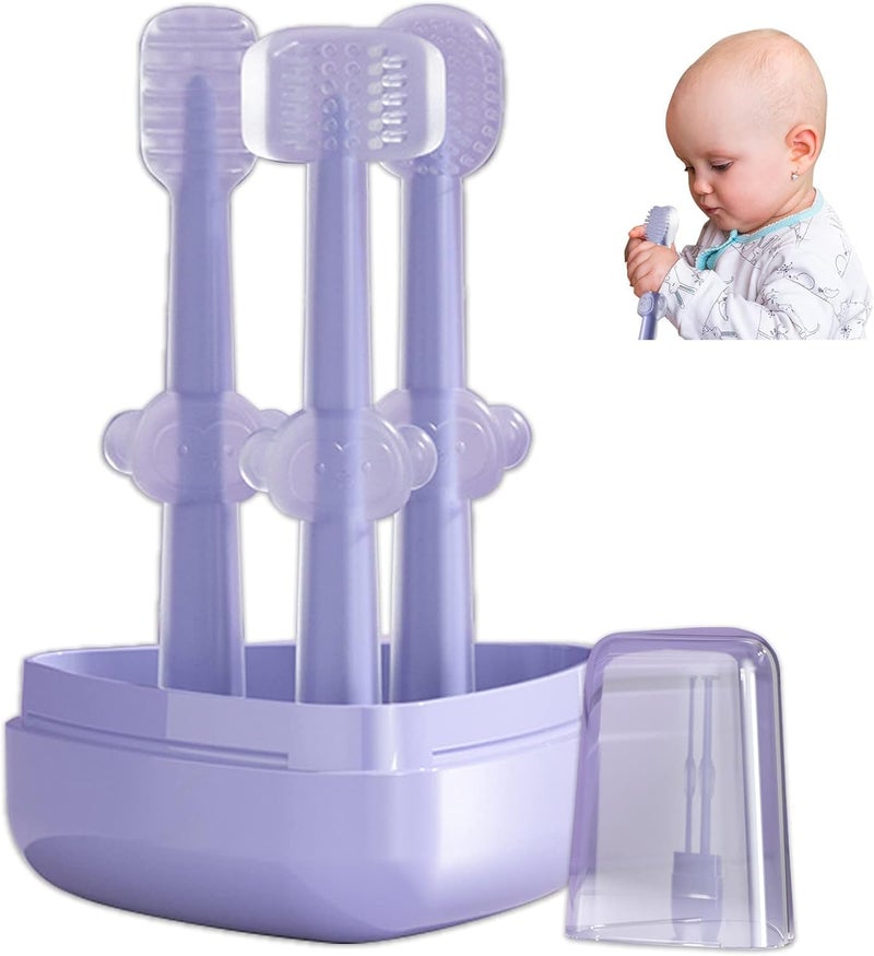 CARTSHOPPER 3 Steps Silicone Baby Training Toothbrush Set - Tongue Cleaner & U Shaped Toothbrush for Kids Oral Care With Travel Case (Purple), Manual, Pack of 3 - Image 1