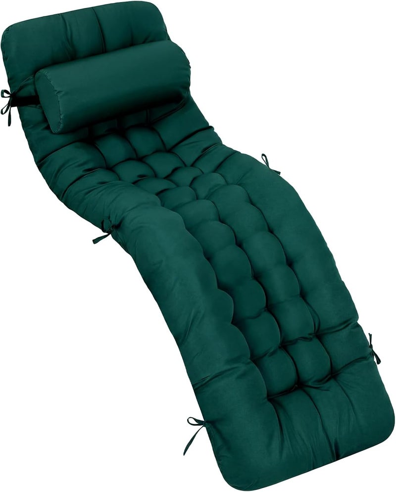 Tudomro 1 Pcs Dark Green 66'' Outdoor Chaise Lounge Cushion Waterproof Patio Lawn Pool Chaise Lounge Cushion with Headrest Pillow & Ties Weather Fade Resistant Replacement Longue Chair Pad - Image 1