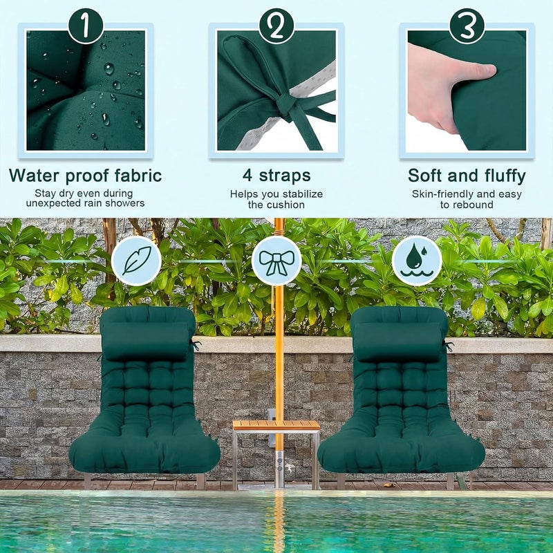 Tudomro 1 Pcs Dark Green 66'' Outdoor Chaise Lounge Cushion Waterproof Patio Lawn Pool Chaise Lounge Cushion with Headrest Pillow & Ties Weather Fade Resistant Replacement Longue Chair Pad - Image 3