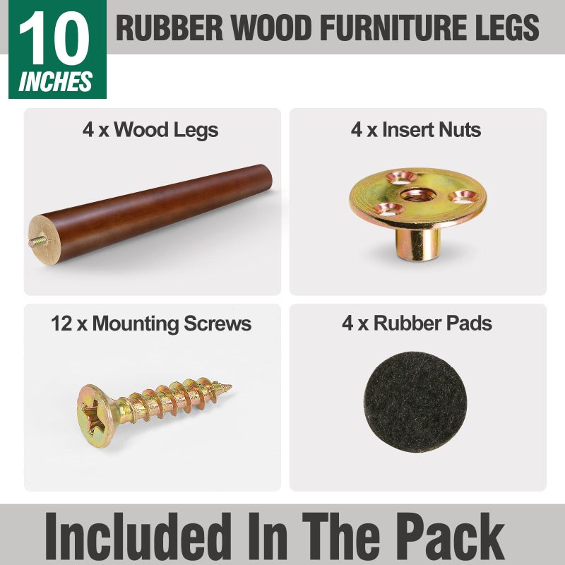 Fodau770 Brown Rubber Wood Furniture Legs 10 Inches, Straight Tapered Wood Legs Mid Century Sofa Legs Set Of 4, 5/16"" Unc Furniture Feet Replacement Legs For Sofa Couch Dresser Chair Ottoman Table - Image 2