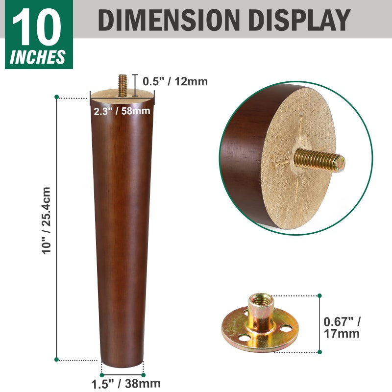 Fodau770 Brown Rubber Wood Furniture Legs 10 Inches, Straight Tapered Wood Legs Mid Century Sofa Legs Set Of 4, 5/16"" Unc Furniture Feet Replacement Legs For Sofa Couch Dresser Chair Ottoman Table - Image 3