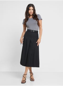Belted Box Pleat Midi Skirt