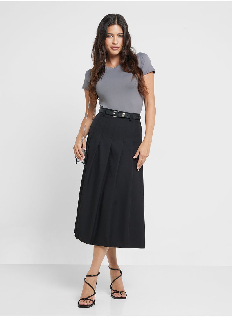 Ginger - Belted Box Pleat Midi Skirt - Image 1