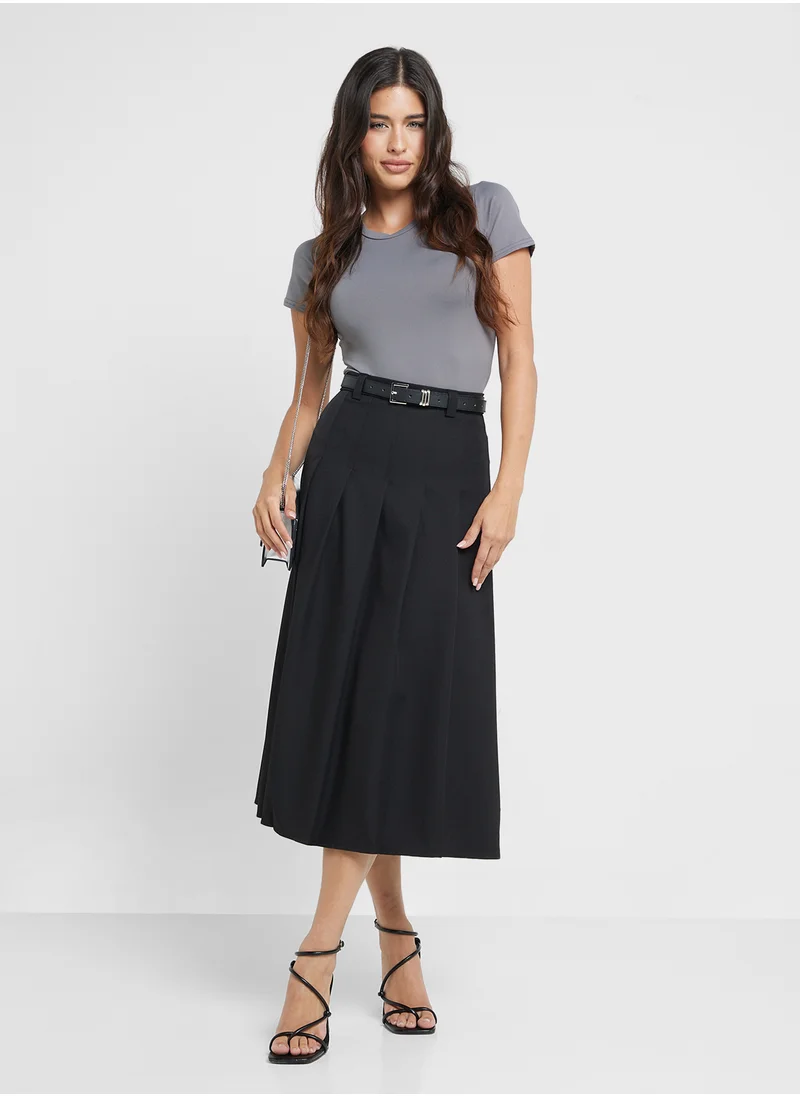 Ginger Belted Box Pleat Midi Skirt