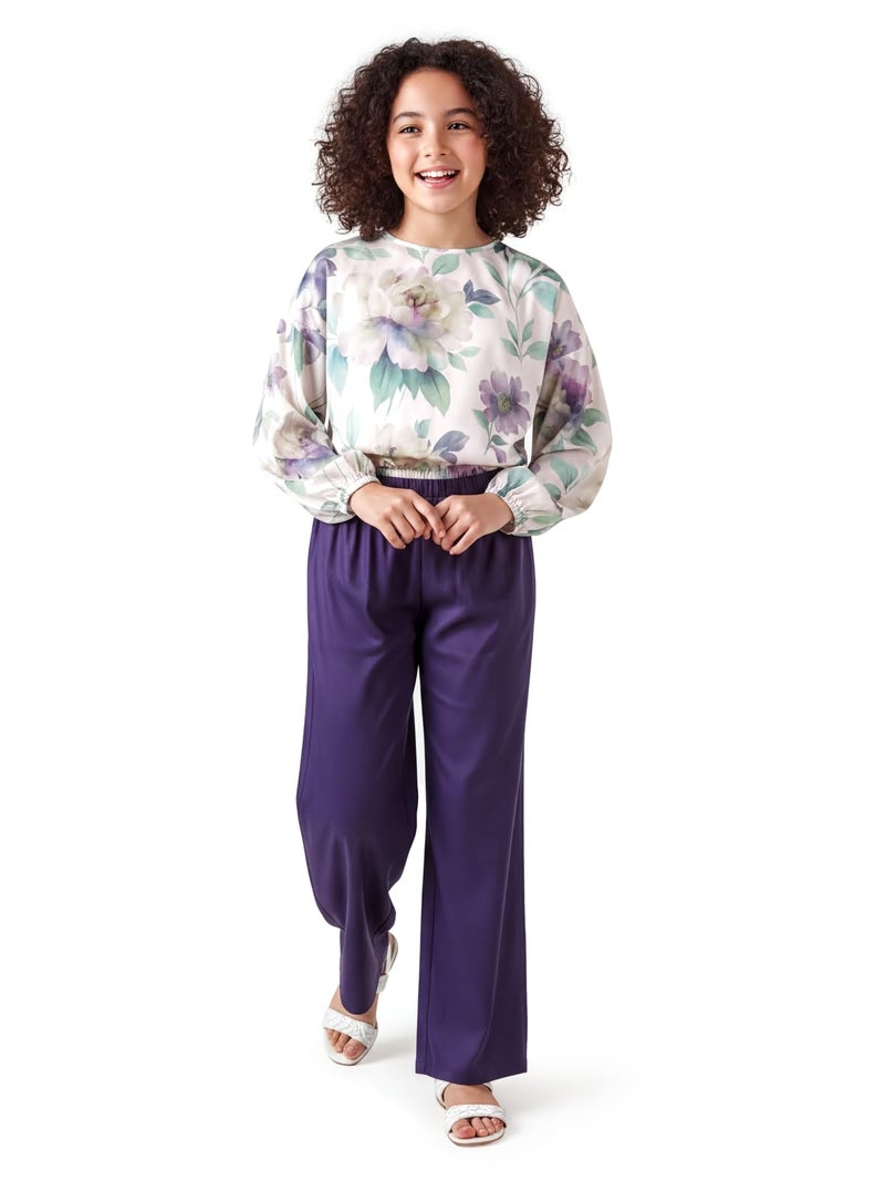 HELLCAT Elegant Floral Print Co-Ord Set for Girls 11-16 Years| Trendy Matching Top & Bottom Set_Lavander_11-12 Years - Image 1
