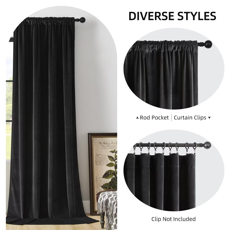Joydeco Black Velvet Curtains 84 inch Length 2 Panels  Luxury Blackout Rod Pocket Thermal Insulated Window Curtains  Super Soft Room Darkening Drapes for Living Dining Room Bedroom W42 x L84 inches - Image 2