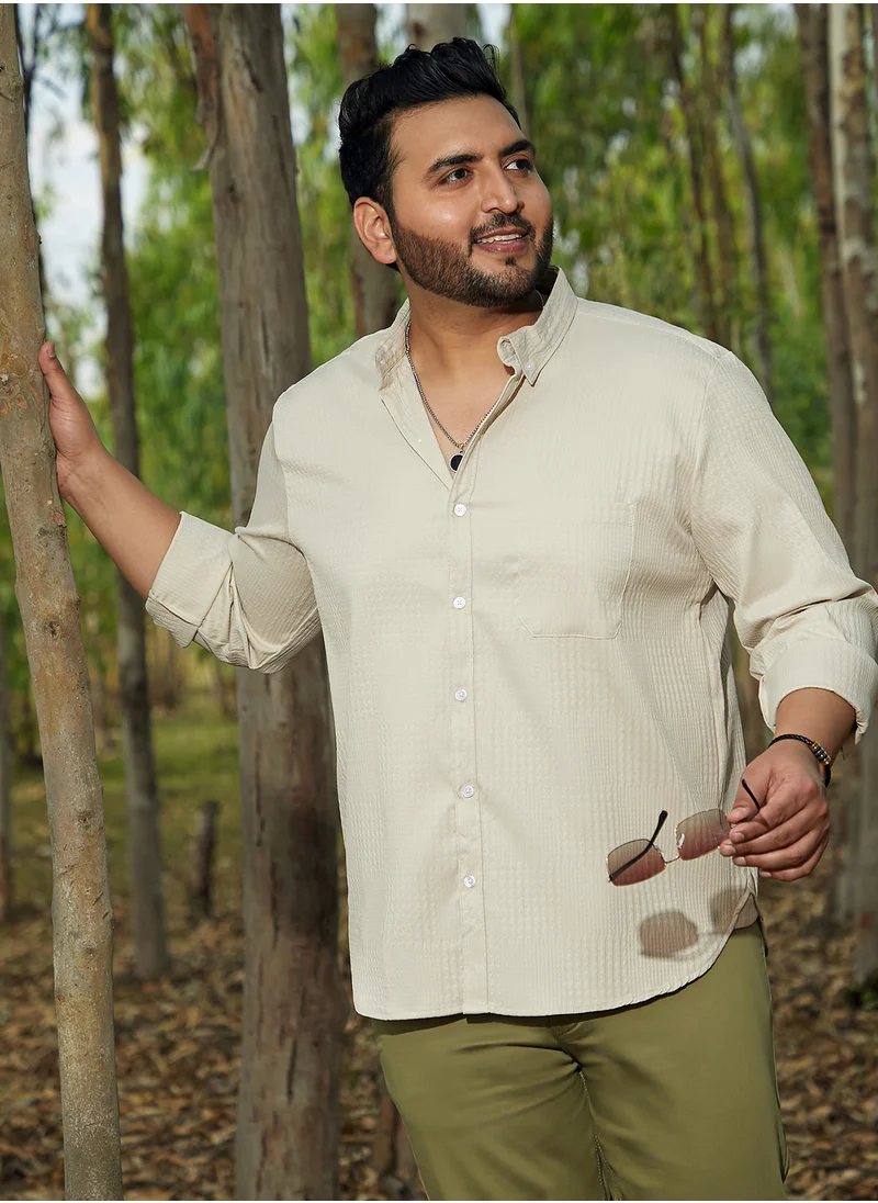 انستافاب بلس Instafab Plus Men's Saltbox Beige Houndstooth-Tactile Shirt For Casual Wear | Spread Collar | Long Cuffed Sleeves | Button Closure | Plus Size Shirt Crafted With Comfort Fit For Everyday Wear