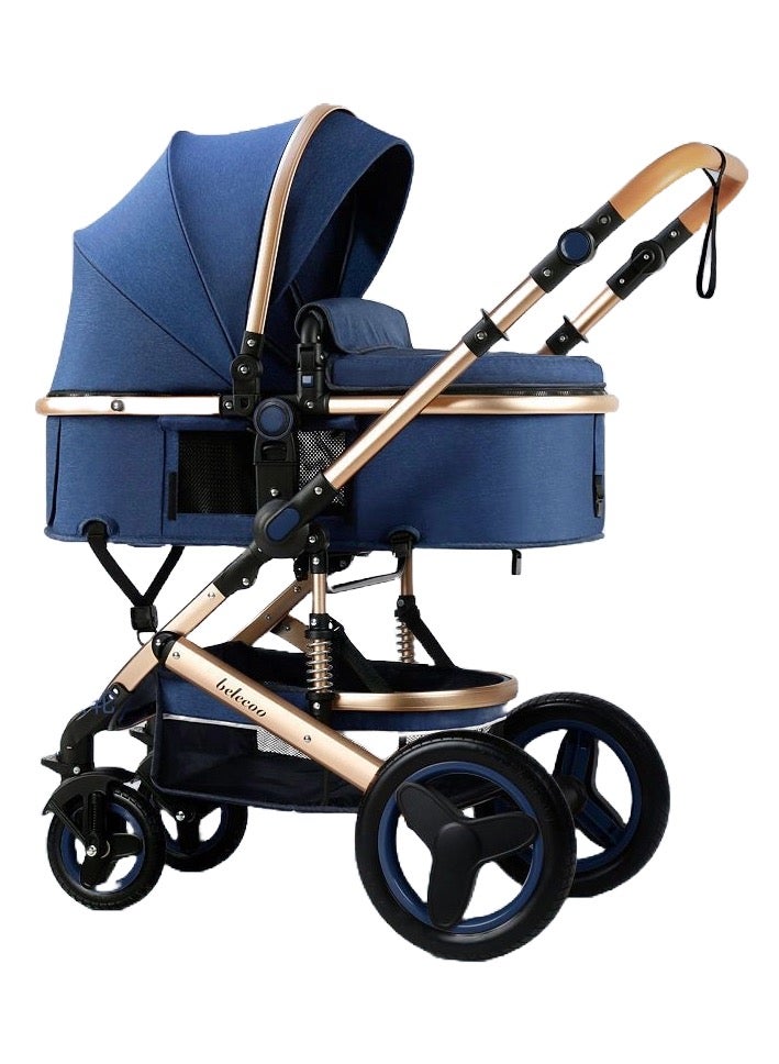 بيليكو عربة أطفال من Belecoo بزاوية رؤية عالية، مزودة بذراعَي دفع مزدوجين، يمكن استخدامها للجلوس والاستلقاء، قابلة للطي، مزودة بعجلات مطاطية رباعية بامتصاص قوي للصدمات، مساحة كبيرة، متينة ومناسبة للأطفال من عمر 0 إلى 3 سنوات – لون أزرق - Image 1