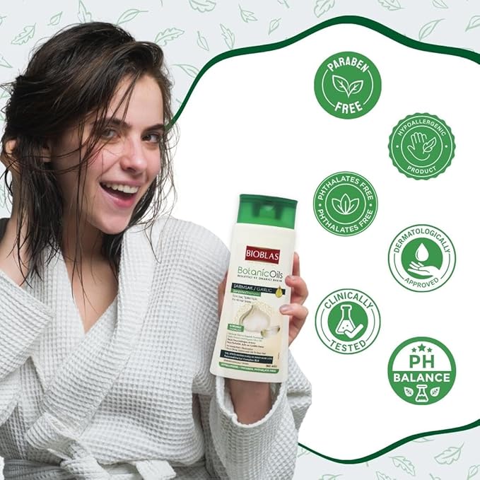 BIOBLAS شامبو بيوبلس بزيوت نباتية بخلاصة الثوم خالي من الرائحة مختبر جلدياً مضاد لتساقط الشعر بزيت عضوي 360 مل - Image 5