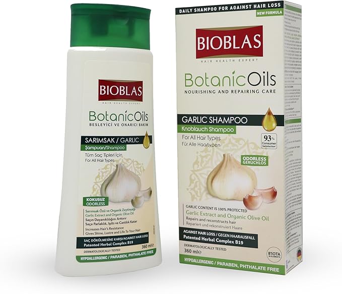 BIOBLAS شامبو بيوبلس بزيوت نباتية بخلاصة الثوم خالي من الرائحة مختبر جلدياً مضاد لتساقط الشعر بزيت عضوي 360 مل - Image 1