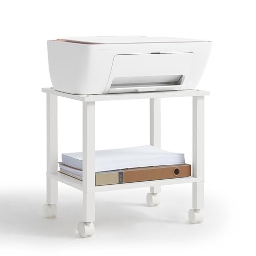 YUFAM 2 Tier Printer Stand with StorageUnder Desk Shelf Printer Table Rolling Printer Cart for OfficeHomeWhite - Image 1