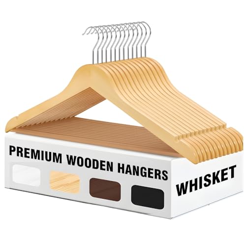 WHISKET - Lotus Premium Wooden Hangers- Vintage Style, Smooth Finish, Non-Slip Pant Bar, 360° Swivel Hook – for Closet Organization, Shirts, Coats, Jackets, and Dresses. (Beige) [Pack of 10] - Image 1