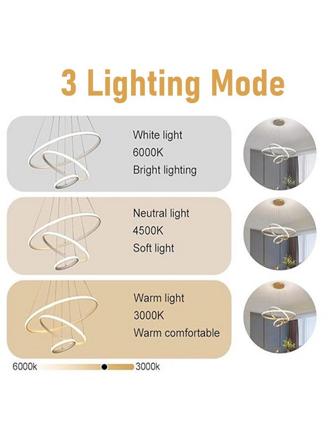 WHITERAY WHITERAY Modern Contemporary Spiral LED 3 Ring Chandelier Hanging Ceiling Pendant Light Adjustable Height with 3 Color Lighting Modes Ideal for Living Room/Bedroom/Office/Home (L-3 String Led (Gold))  - Image 5