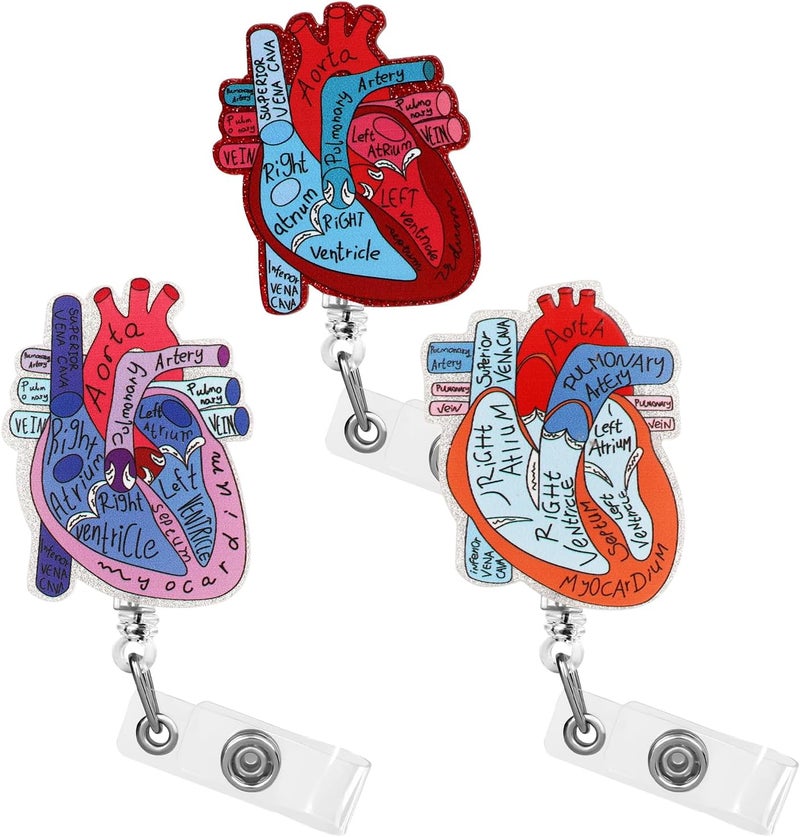Dimeho 3PCS Cardiac Heart Phlebotomy Badge Reel Holder Retractable with ID Name Card Tag Clip for Nurse Cute Heart Badge Reel for Doctor CNA RN MA ICU LPN Medical Hospital Office Accessories - Image 1